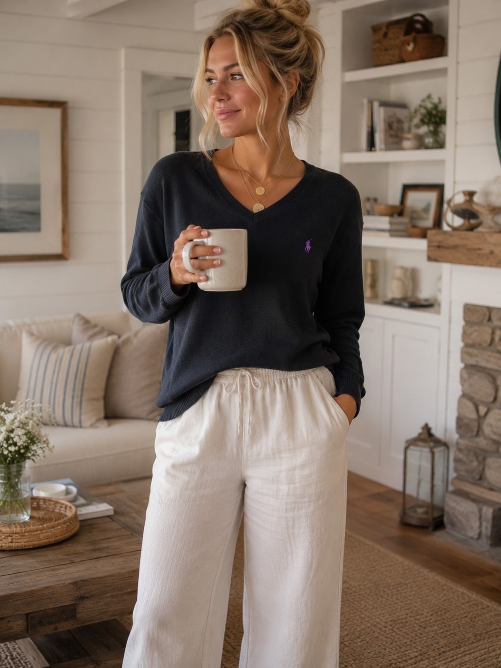 Ralph Lauren Navy V-Neck Sweater Pima Cotton Purple Pony